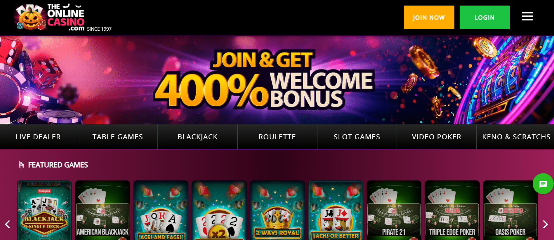 Homepage of TheOnlineCasino platform featuring a large pokies library for NZ